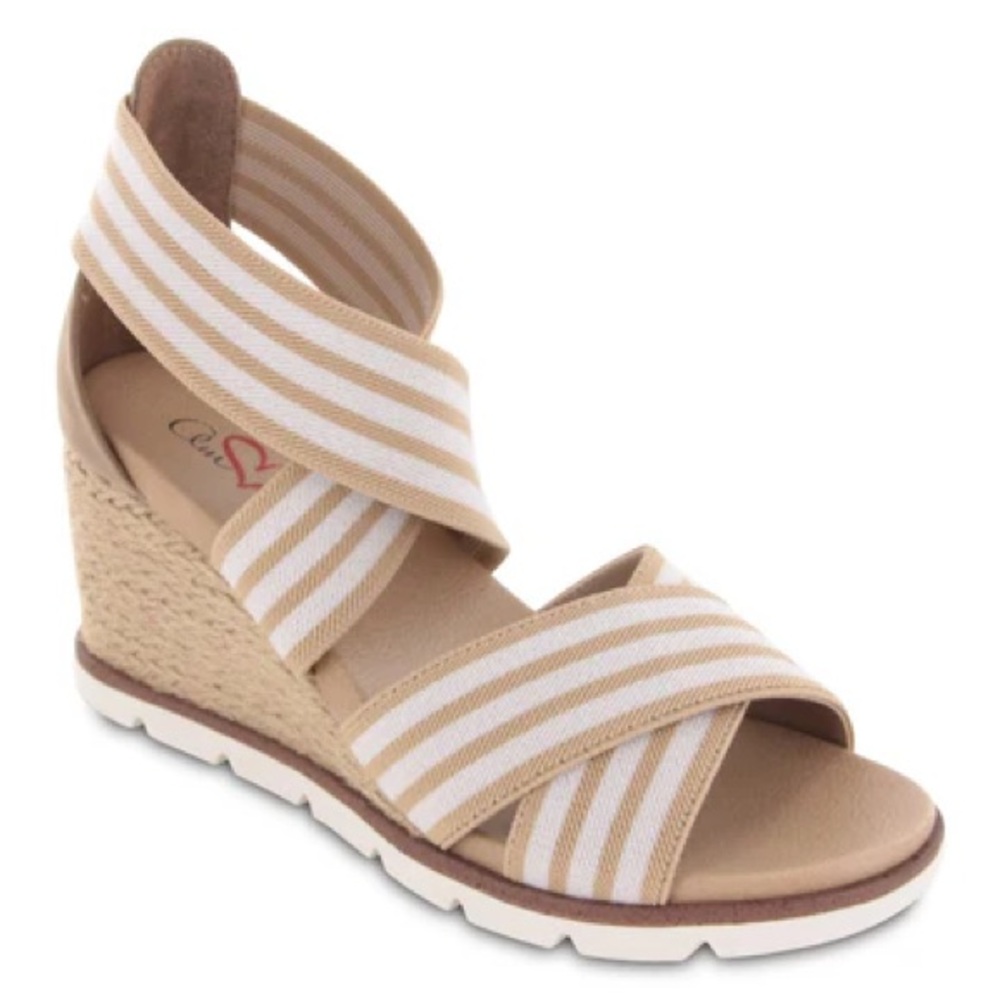 MIA Tan and White Striped Wedge Sandals